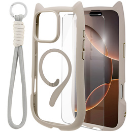 Etui do iPhone 16 Pro, do MagSafe, Cute Cat, szare + Szkło na ekran