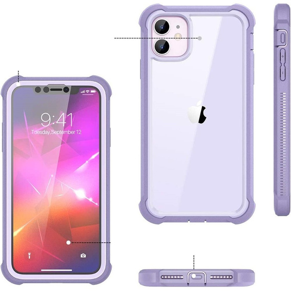 Etui do iPhone 11, Dexnor Full Body Rugged, przezroczyste / fioletowe