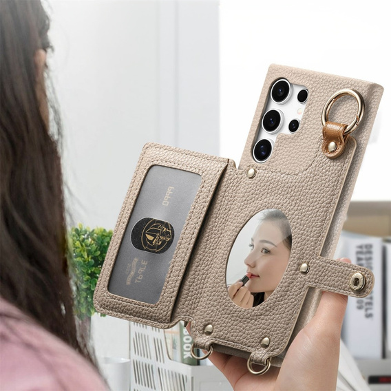Etui do Samsung Galaxy S25 Ultra – z klapką, paskiem i kieszenią, beżowe