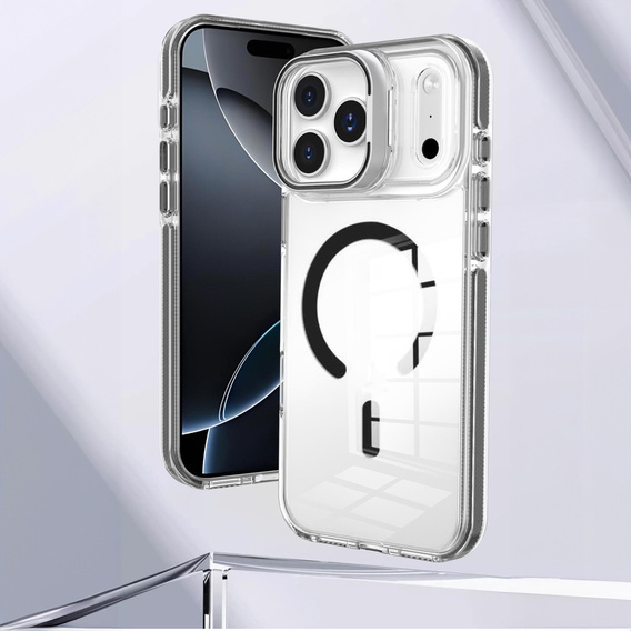 Etui do iPhone 17 Pro Max, do MagSafe, z podstawką, transparentne z czarnymi wstawkami
