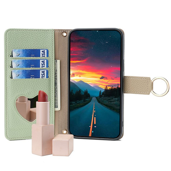 Etui z klapką do Motorola Edge 40 Neo 5G, Wallet Zipper Pocket, z lusterkiem, zielone