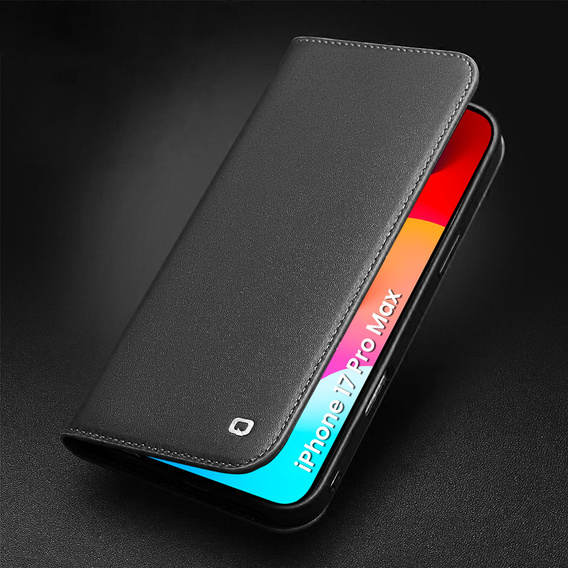 Etui z klapką do iPhone 17 Pro Max, QIALINO skórzane portfelowe - czarne