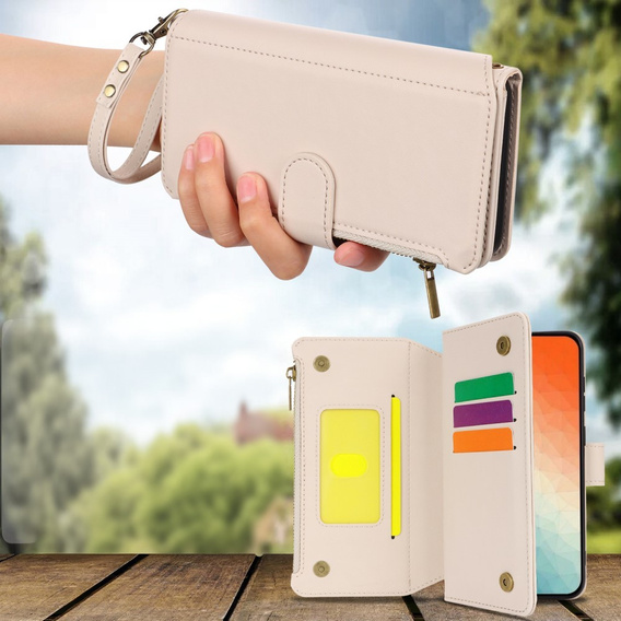 Etui z klapką do Samsung Galaxy S24, Wallet Zipper Pocket RFID, z paskiem na ramię, białe