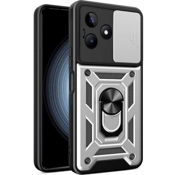 Zestaw Etui pancerne do Realme C53 4G, CamShield Slide, srebrne + Szkło