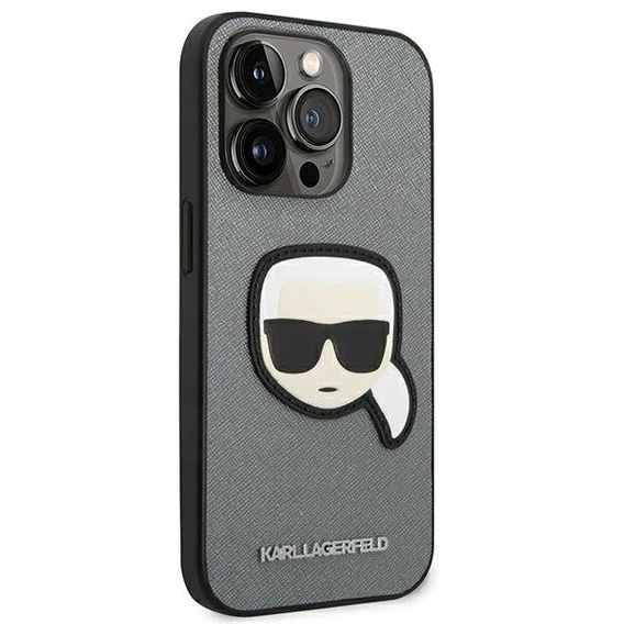 Etui Karl Lagerfeld do iPhone 14 Pro Max, Saffiano Karl's Head Patch, srebrne