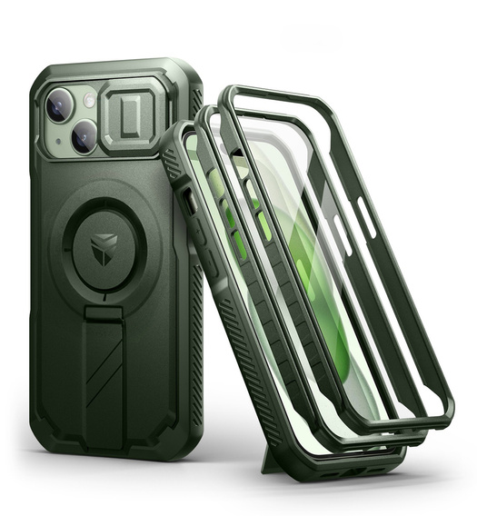 Etui pancerne do iPhone 15, Dexnor CamProtect MagSafe, zielone (Dwie ramki)