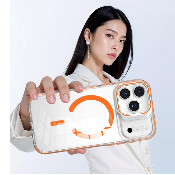 Etui do iPhone 17 Pro, do MagSafe, z podstawką, transparentne z pomarańczowymi wstawkami