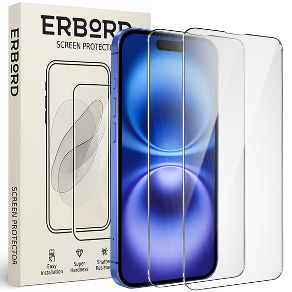 2x Szkło Hartowane do iPhone 16, ERBORD 9H Hard Glass, szybka