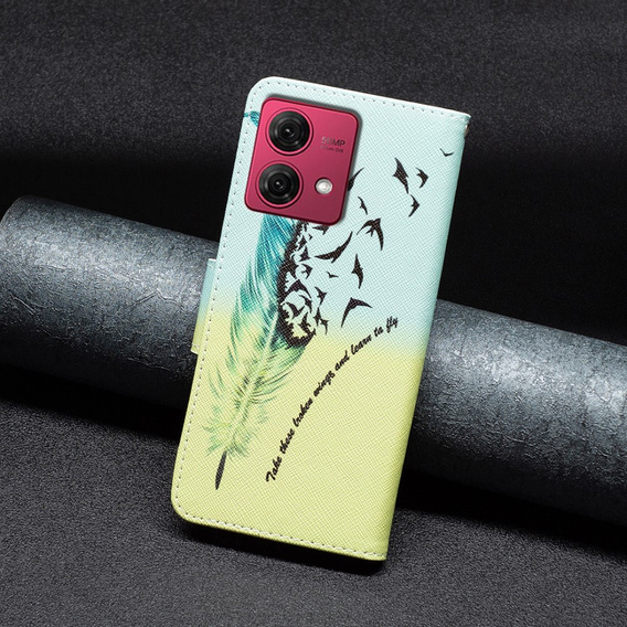Etui z klapką do Motorola Moto G84 5G, Wallet, Feather niebieskie / żółte