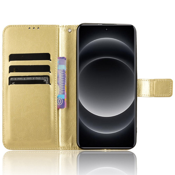 Etui z klapką do Xiaomi 14 Ultra, Crazy Horse Wallet, złote