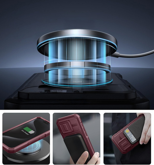 Magnetyczne etui Dexnor z osłoną aparatu i uchwytem – iPhone 15 Pro - czerwone