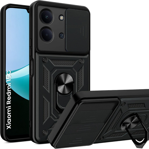 Etui pancerne do Xiaomi Redmi 15C 4G/LTE, z ochroną aparatu, z podstawką, czarne