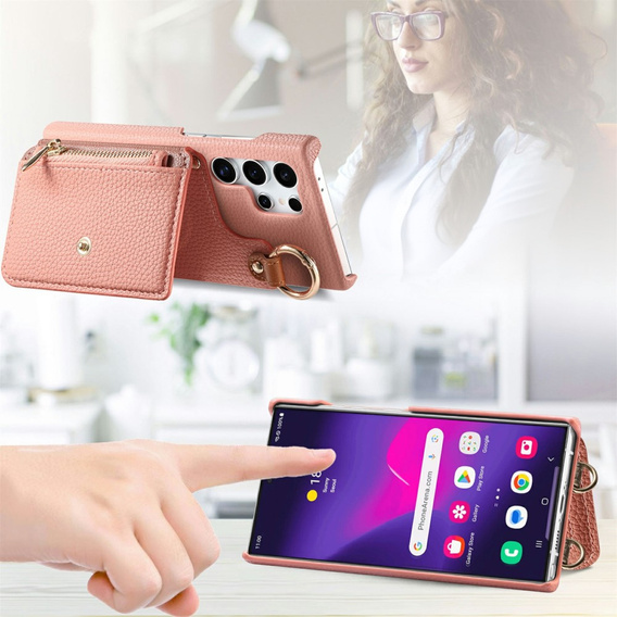 Etui do Samsung Galaxy S25 Ultra – z klapką, kieszonkami i paskiem, różowe