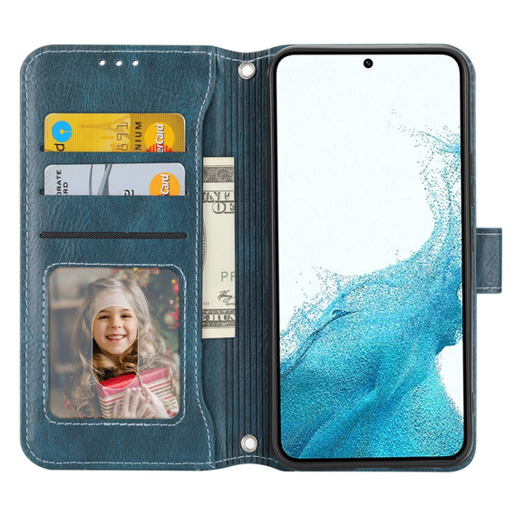 Etui z klapką do Samsung Galaxy A25 5G, Wallet Zipper Pocket, z paskiem na ramię, niebieskie