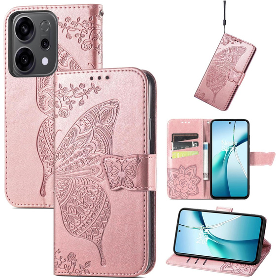 Etui z klapką do Oppo Reno 14, Motyl, portfelowe, różowe rose gold
