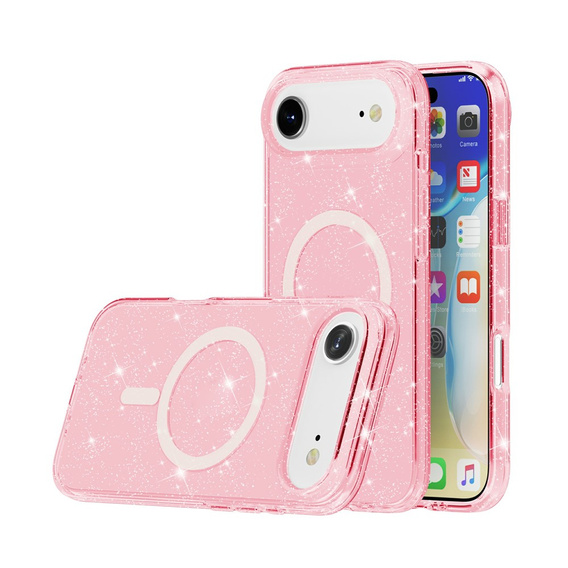Etui do iPhone 17 Air, do MagSafe, brokat, półprzezroczyste różowe