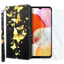 Zestaw Etui do Samsung Galaxy A14 4G/5G, portfel z klapką, Złote motyle + szkło