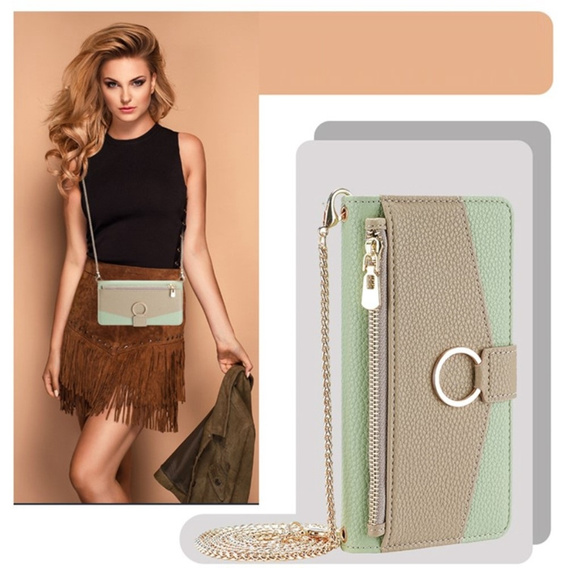 Etui z klapką do Motorola Edge 40 Neo 5G, Wallet Zipper Pocket, z lusterkiem, zielone