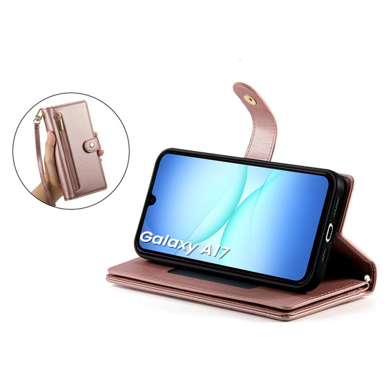 Etui z klapką do Samsung Galaxy A17 5G, Wallet Zipper Pocket, portfelowe, różowe