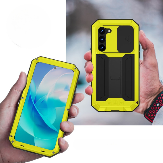 Etui pancerne do Samsung Galaxy S23, R-JUST CamShield Slide, żółte / czarne
