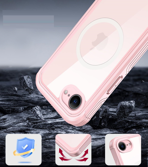 Etui do iPhone 16E, Shockproof, ze szkłem, do MagSafe, różowe