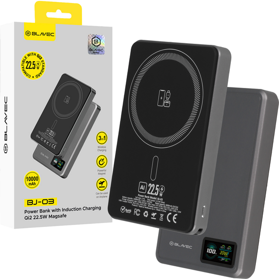 Blavec Power Bank 10000mAh BJ-03 Slim 13,5mm - Typ C - 22,5W, MagSafe 3w1 - szary