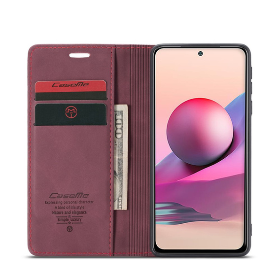 Etui CASEME do Xiaomi Redmi Note 10 / 10S, Leather Wallet Case, bordowe