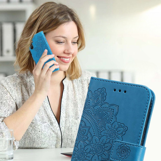 Zestaw Etui z klapką do Samsung Galaxy A14 4G/5G, portfel Mandala i kwiaty, niebieskie + szkło