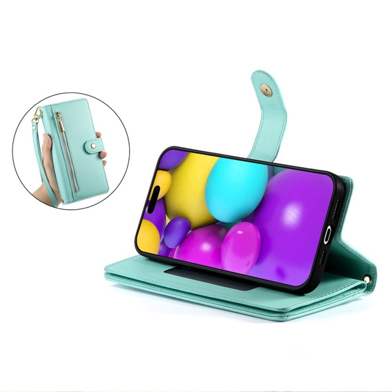Etui z klapką do iPhone 16 Plus, Wallet Zipper Pocket, zielone