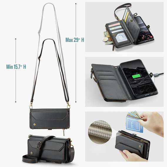 Etui CASEME do Samsung Galaxy S25 FE, RFID Leather Wallet, z paskiem na ramię, czarne