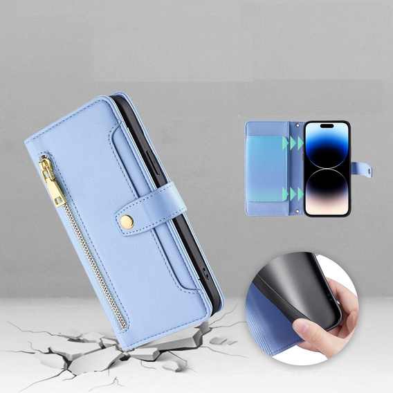 Etui z klapką do iPhone 14 Pro, Wallet Zipper Pocket, niebieskie