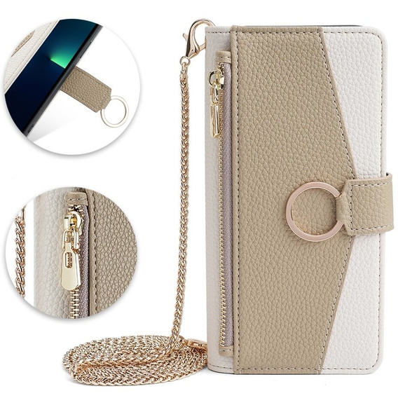 Etui z klapką do iPhone 15 Pro, Wallet Zipper Pocket, z lusterkiem, białe