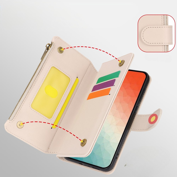 Etui z klapką do Samsung Galaxy S24, Wallet Zipper Pocket RFID, z paskiem na ramię, białe