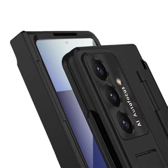 Etui z podstawką do Samsung Galaxy Z Fold7 5G, z ochroną zawiasu, szkłem i rysikiem - czarne