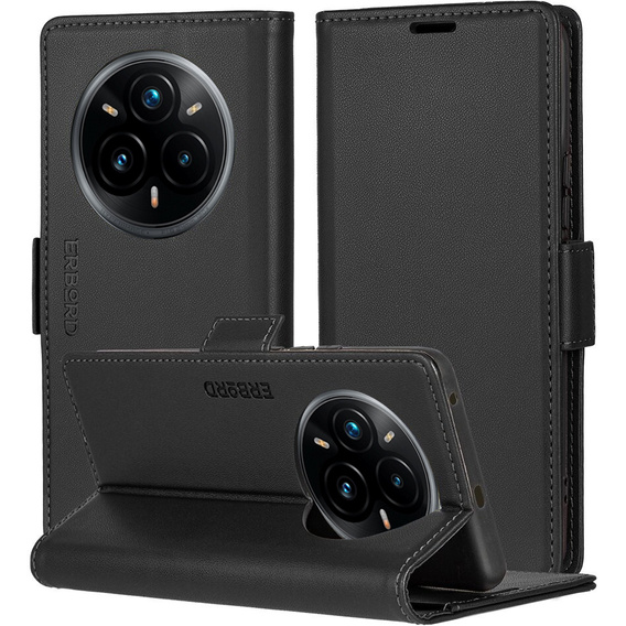 Etui do Realme 14 Pro+ 5G, ERBORD Glossy Litchi, portfel z klapką, czarne