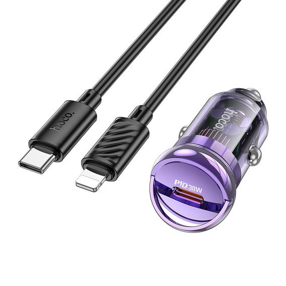 Ładowarka samochodowa HOCO Z53 30W USB-C PD + kabel USB-C do Lightning – szybkie i bezpieczne ładowanie w podróży - fioletowa