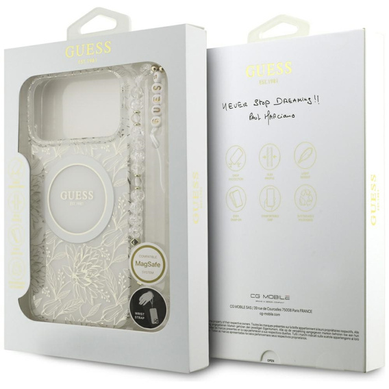 Etui Guess IML Flowers Electroplated Allover With Beads Strap, do MagSafe, z paskiem do iPhone 17 Pro Max