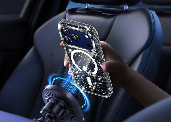 Etui do iPhone 17 Pro, do MagSafe, brokat - półprzezroczyste czarne