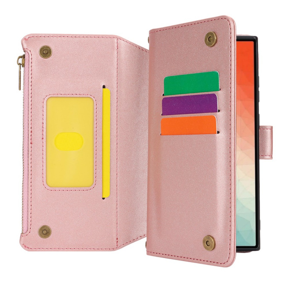 Etui z klapką do Samsung Galaxy S24 Ultra, Wallet Zipper Pocket RFID, z paskiem na ramię, różowe rose gold
