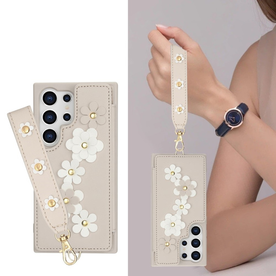 Etui do Samsung Galaxy S24 Ultra, Leather Flower Card Slot, beżowe