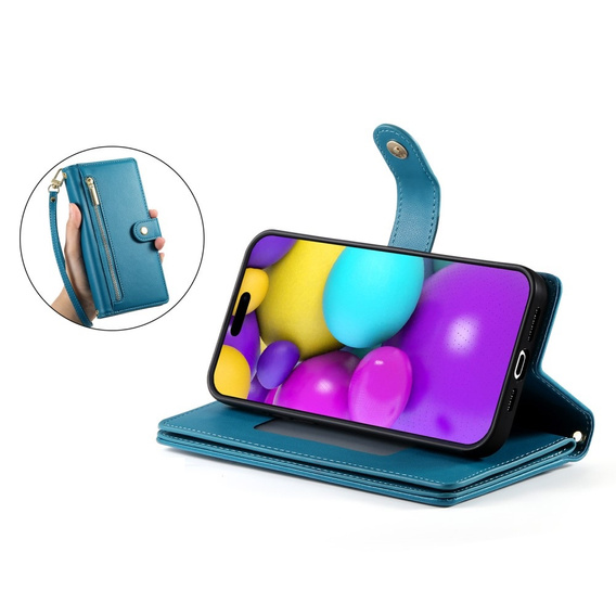 Etui z klapką do iPhone 16, Wallet Zipper Pocket, niebieskie