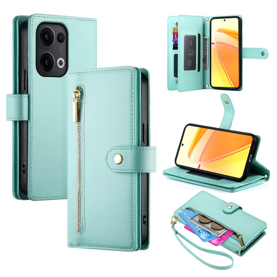 Etui z klapką do Oppo Reno 13 5G, Wallet Zipper Pocket, miętowe