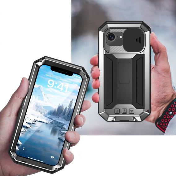 Etui pancerne do iPhone 16E, R-JUST, z ruchomą przesłoną aparatu, srebrne