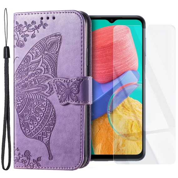 Zestaw Etui z klapką do Samsung Galaxy M33, Motyl, Fioletowe + szkło