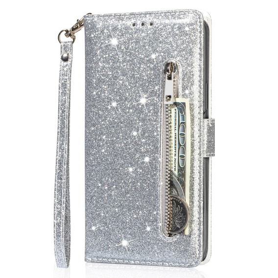 Etui z klapką do Samsung Galaxy A35 5G, Wallet Zipper Pocket Glittery, srebrne