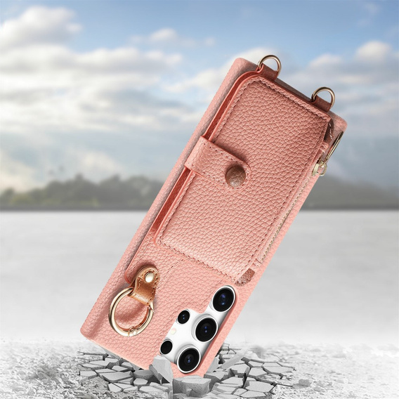 Etui do Samsung Galaxy S25 Ultra – z klapką, kieszonkami i paskiem, różowe