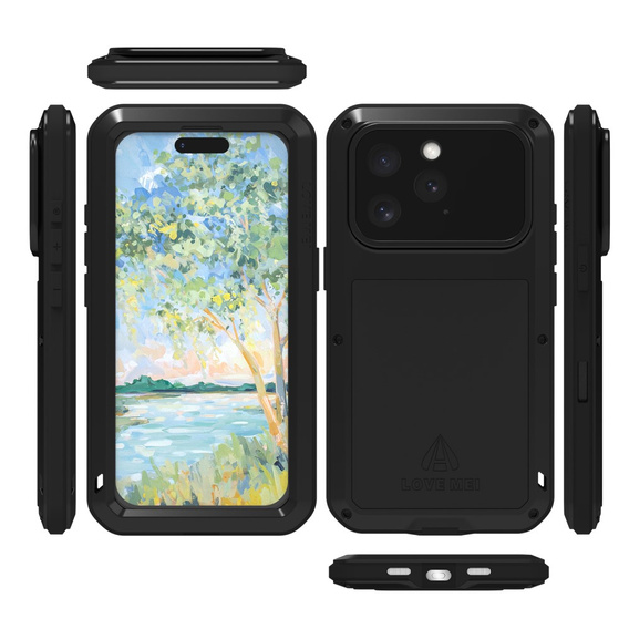 Etui Love Mei do iPhone 16 Pro, pancerne ze szkłem, czarne