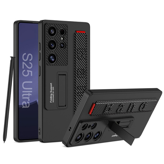 Etui GKK do Samsung Galaxy S25 Ultra z podstawką, paskiem i karbonową teksturą – czarne
