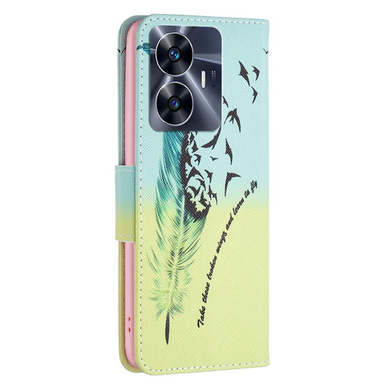 Etui z klapką do Realme C55, Wallet, Feather niebieskie / żółte