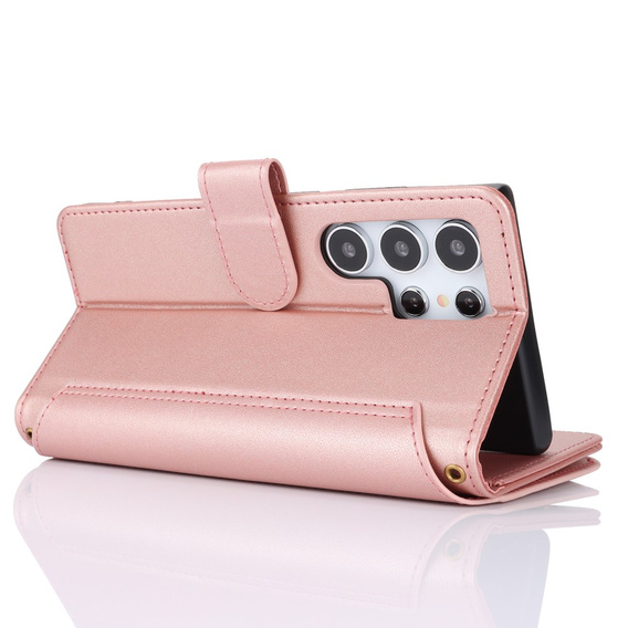 Etui z klapką do Samsung Galaxy S24 Ultra, Wallet Zipper Pocket RFID, z paskiem na ramię, różowe rose gold